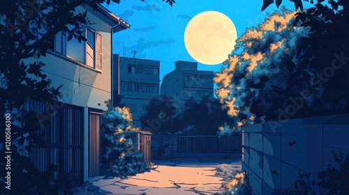 Serene Nighttime Alleyway Scene with Full Moon and Buildings