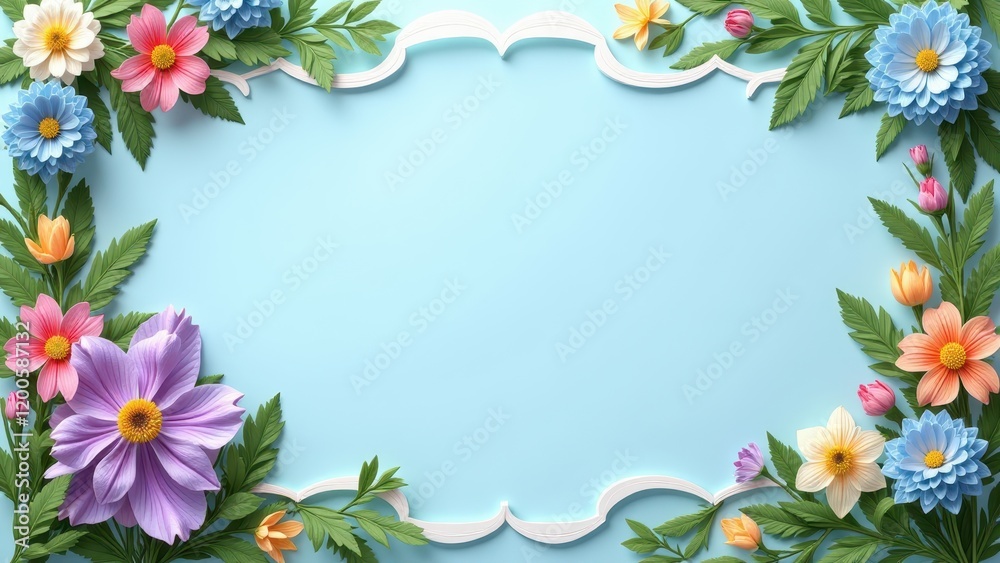 Obraz premium Eye-level glimpse of a serene light blue expanse, framed by an intricate floral border with diverse blooms and lush greenery, topped with delicate white scallops