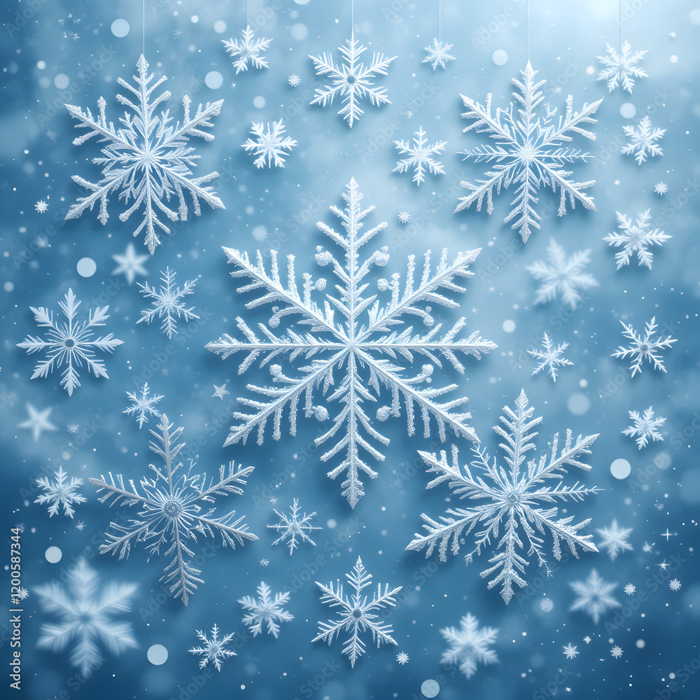 Intricately Designed Snowflakes on a Frosty Blue Background Intricately Designed Snowflakes on a Frosty Blue Background