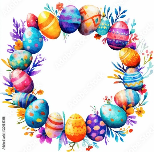 a vibrant watercolor wreath made of colorful Easter eggs and blooming flowers, symbolizing festive springtime joy and artistic elegance. photo