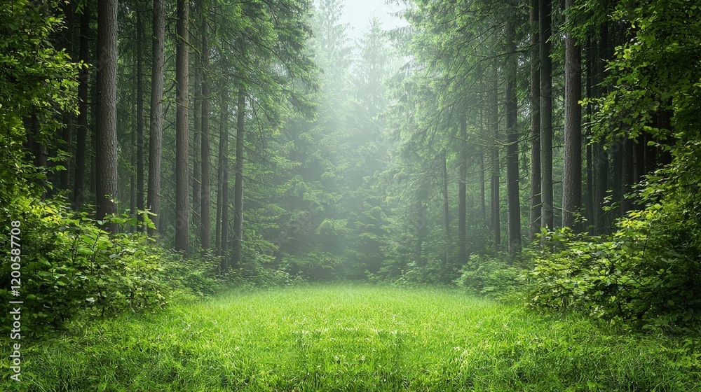 Obraz premium Misty Forest Pathway Surrounded by Tall Green Trees