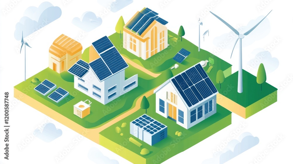 A vibrant illustration of a sustainable energy community featuring solar panels and wind turbines.