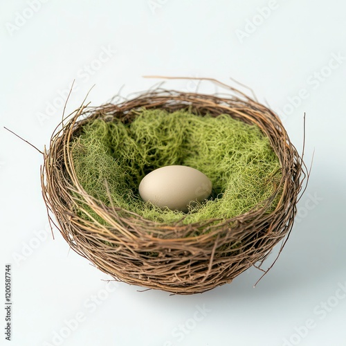 a handcrafted bird's nest made from intertwined twigs and lined with soft moss, exuding natural elegance and rustic charm. photo