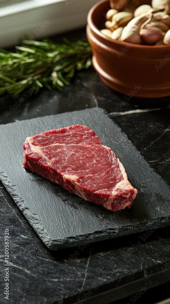 Fototapeta premium Sizzling steak preparation gourmet kitchen food elegant setting close-up culinary artistry