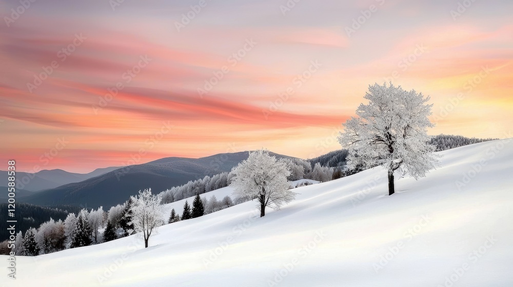 Fototapeta premium Winter landscape with snow-covered mountains at dusk