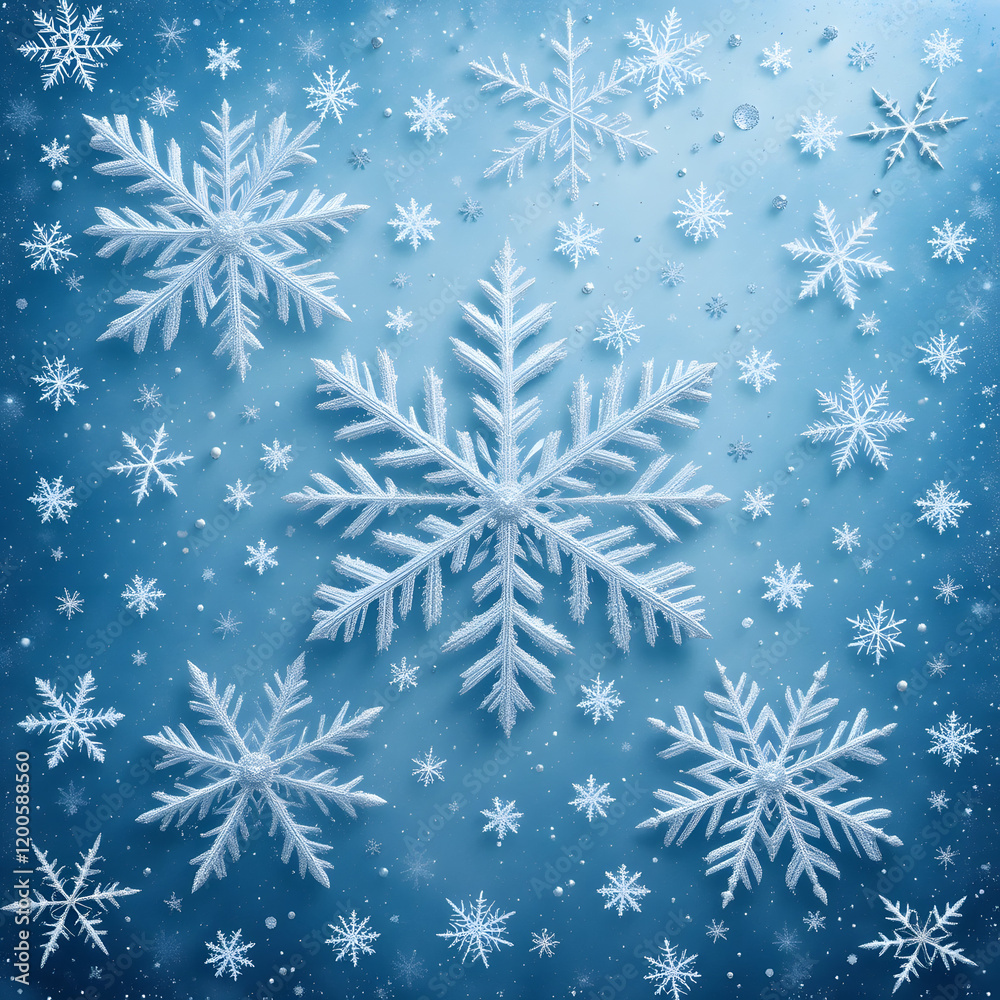 Intricately Designed Snowflakes on a Frosty Blue Background Intricately Designed Snowflakes on a Frosty Blue Background