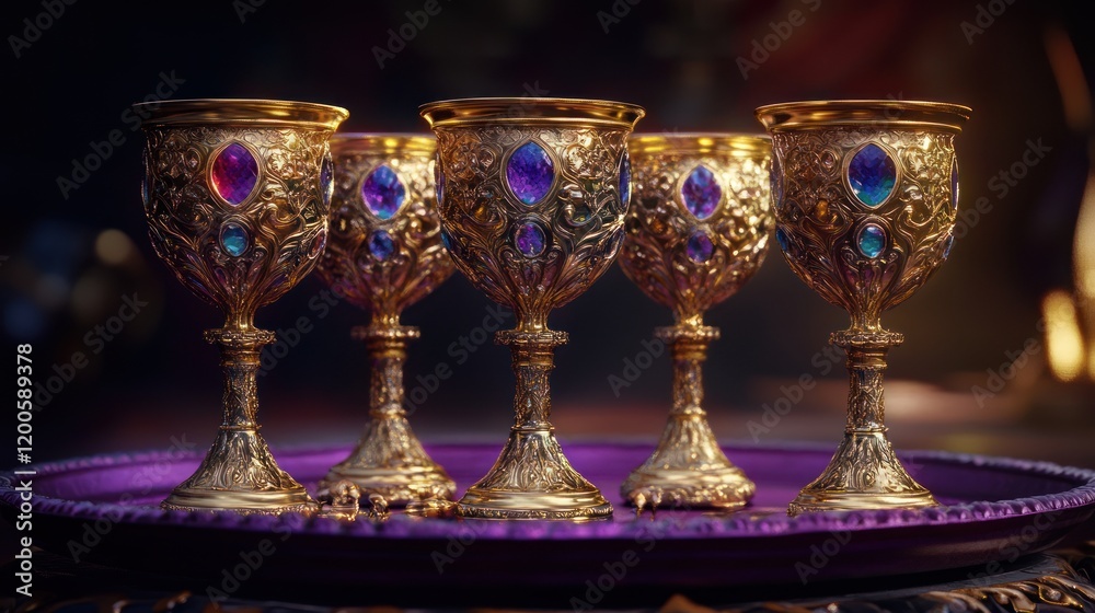 Ornate Golden Goblets with Gemstones on Purple Tray: Regal Elegance and Mystical Charm