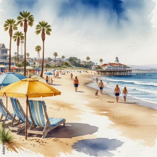 watercolor illustration of Newport Beach, California, capturing its sunny, coastal charm. Depict the golden sandy beach stretching along the sparkling blue Pacific Ocean
