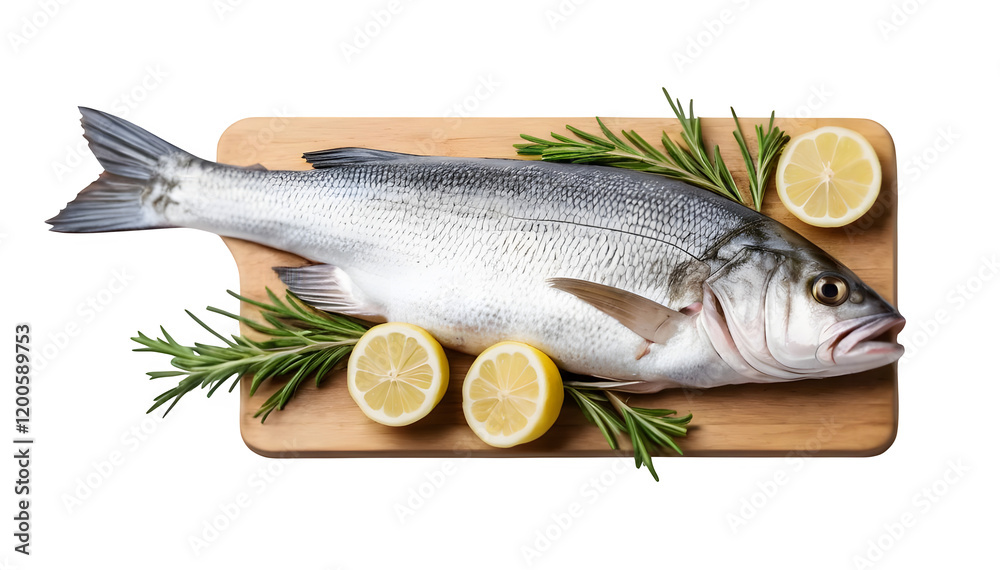 Fresh sea bass, lemon wedges, and sprigs of rosemary, isolated on a white background. Fresh sea bass, lemon wedges, and sprigs of rosemary, isolated on a white background.