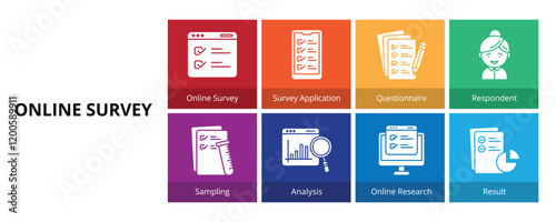 Online Survey Glyph Solid Banner Web Icon Set Vector Illustration, Online Survey Survey Application Questionnaire Respondent Sampling Analysis Online Research Result