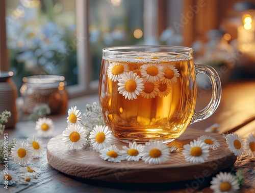 Chamomile tea in glass mug, wooden table, window background, relaxation photo