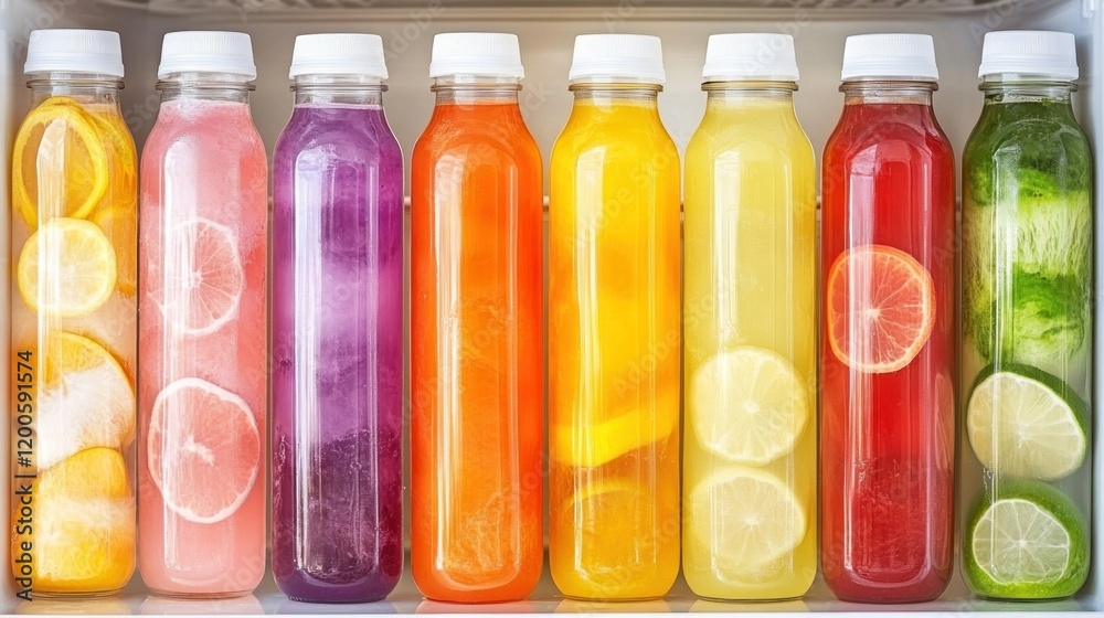 A variety of colorful bottled drinks displayed in a fridge, showcasing refreshing beverages. A variety of colorful bottled drinks displayed in a fridge, showcasing refreshing beverages.