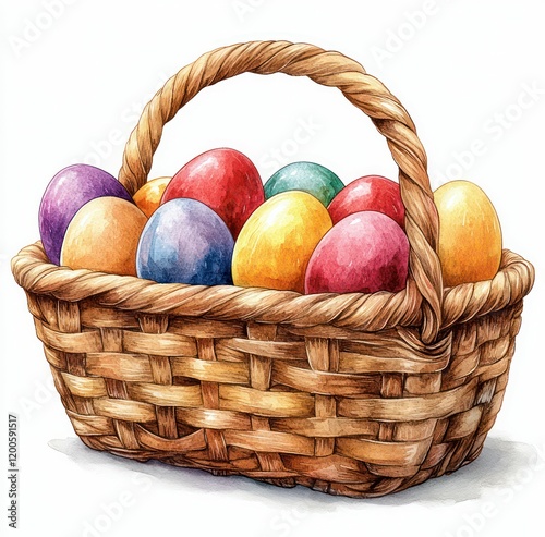 a rustic wicker basket filled with colorful Easter eggs in red, blue, and yellow, showcasing a festive and cheerful charm. photo