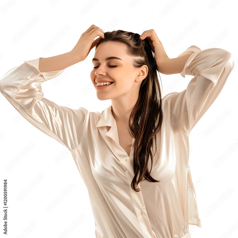 Fototapeta premium A beautiful smart woman making her hair before sleep with a mirror