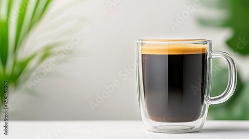 Delicate Glass Coffee Cup with Rich Black Coffee on a White Surface photo