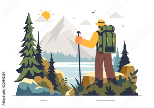 Mountain Hiking Vector Illustration featuring People with Backpacks and Walking Poles Trekking on a Trail in a Peaceful Mountain Landscape