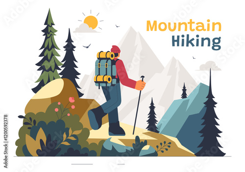 Mountain Hiking Vector Illustration featuring People with Backpacks and Walking Poles Trekking on a Trail in a Peaceful Mountain Landscape