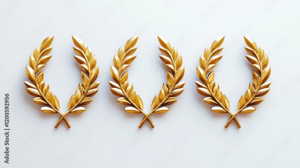 Three Golden Laurel Wreaths on White Background: Symbols of Victory, Achievement, and Triumph Three Golden Laurel Wreaths on White Background: Symbols of Victory, Achievement, and Triumph