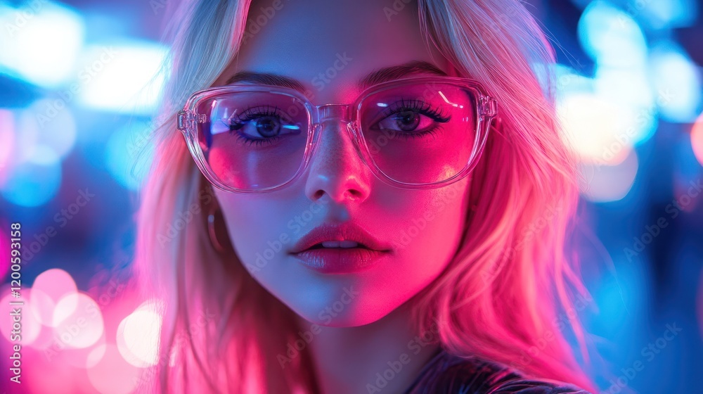 Obraz premium Blonde woman neon city portrait