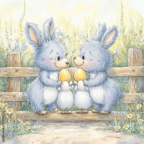 watercolor illustration of Easter eggs hunt with intricate design theme, white background photo