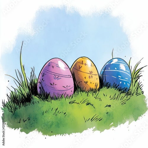 watercolor illustration of Easter eggs hunt with intricate design theme, white background photo