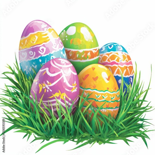 watercolor illustration of Easter eggs hunt with intricate design theme, white background photo