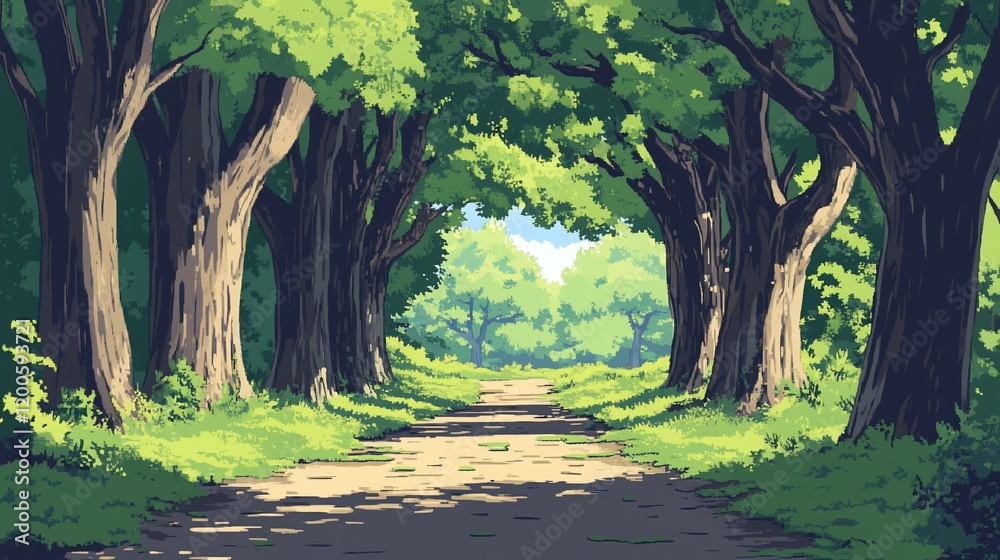 Sunlit path through lush green forest trees. Sunlit path through lush green forest trees.