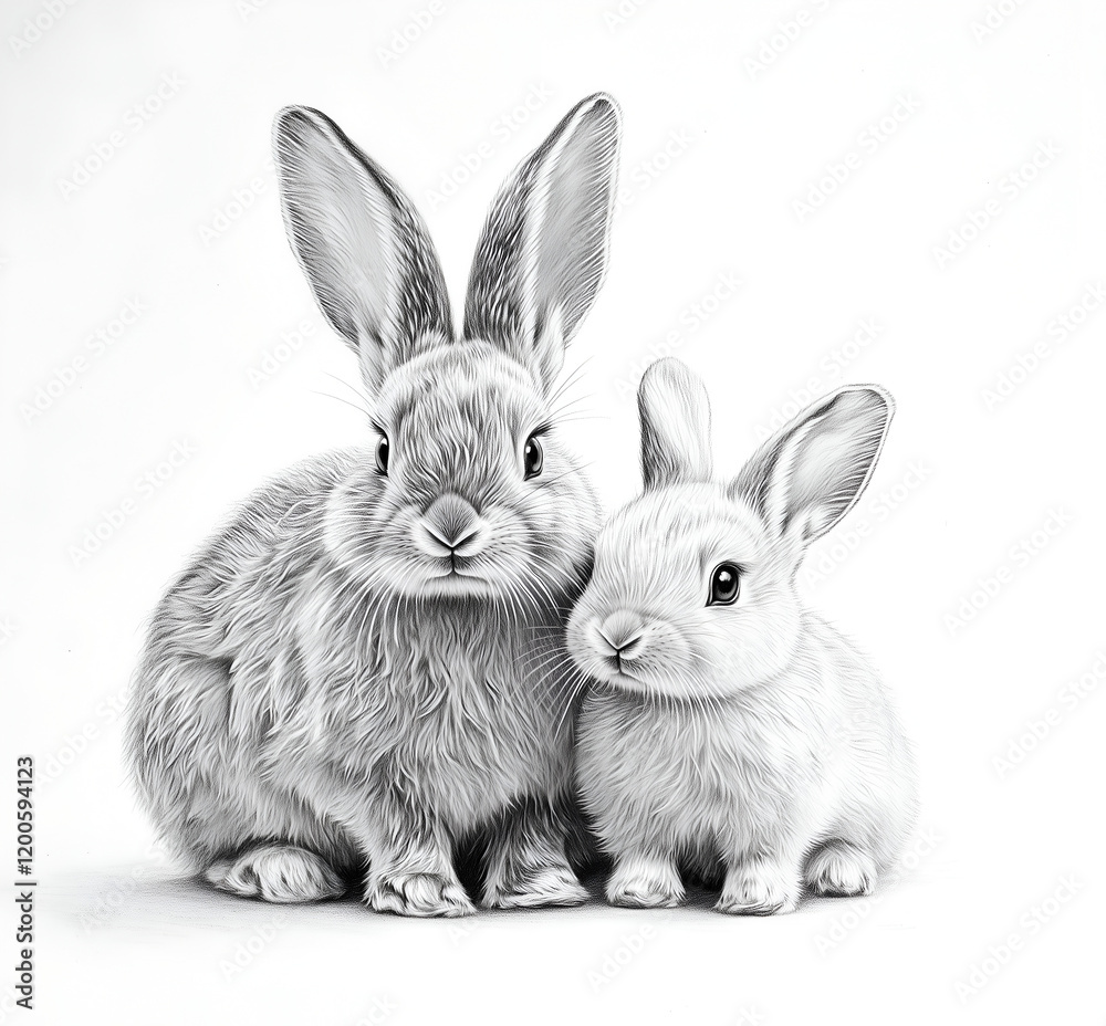 Obraz premium black and white drawing of two bunnies on white background