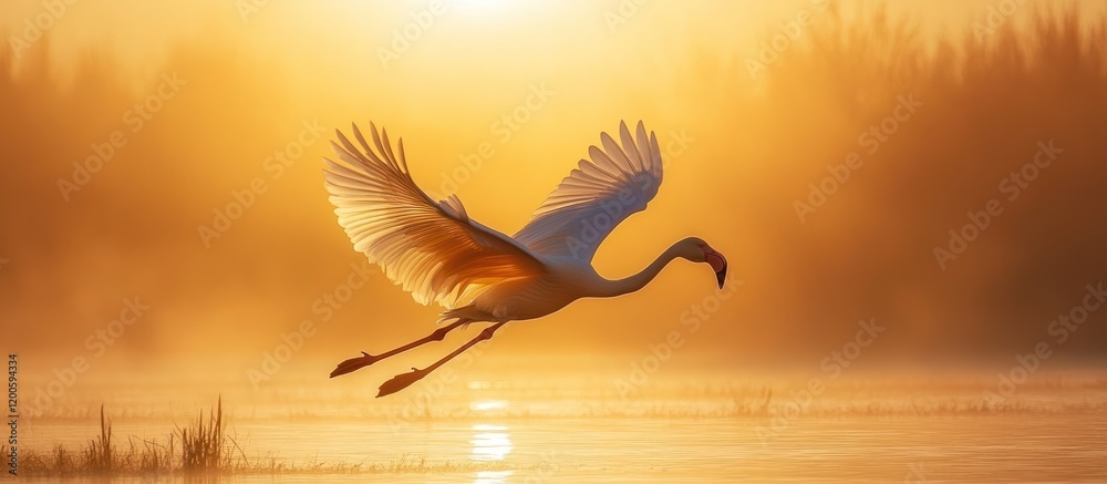 Fototapeta premium Flamingo Sunrise Flight, Misty Marsh