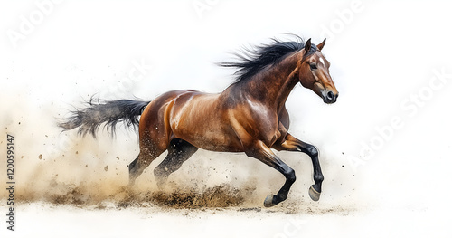  brown horse is jumping in the air, with its full body on white