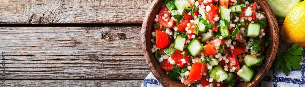 Tabbouleh salad bowl, wooden background, healthy food Tabbouleh salad bowl, wooden background, healthy food