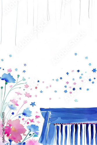 Blue building with flowers and falling stars watercolor painting