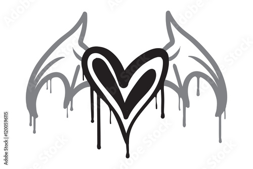 Doodle Hearts, hand drawn bat winged love heart image. Vector illustration.