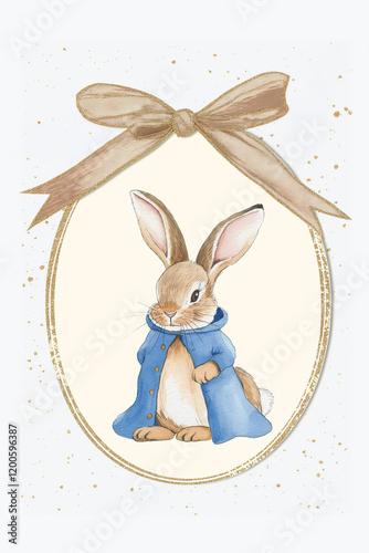 Adorable rabbit wearing a blue coat inside an oval frame with a bow