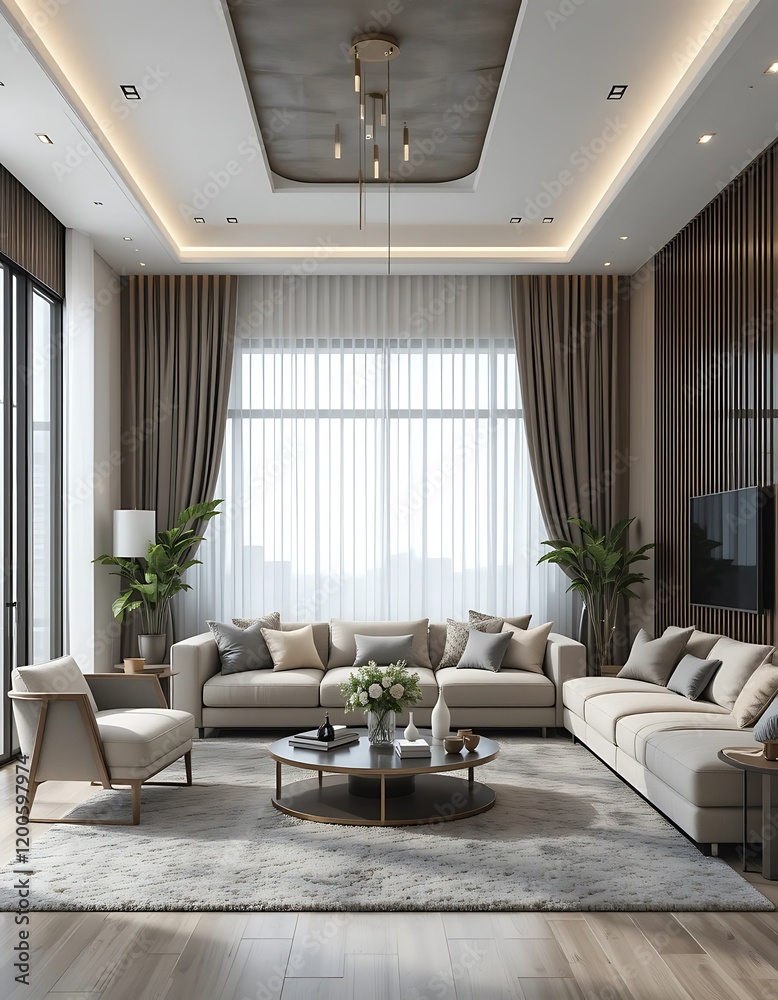 Fototapeta premium Modern Living Room Interior Design with Beige Sofa