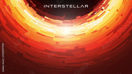 Abstract digital black hole surrounded by glowing concentric pixelated dynamic layers of light and energy forming accretion disk. Photon ring. Event horizon. Gravitational field. Vector illustration