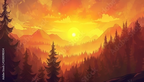 A vibrant sunset over a dense forest with mountains in the distance.