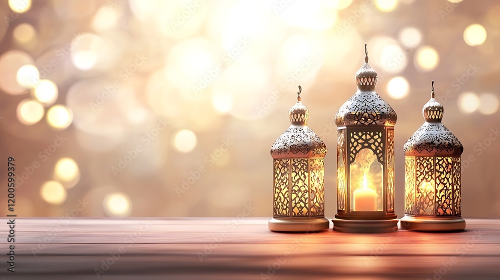 Three Ornate Lanterns Lit With Candles On Wooden Table Three Ornate Lanterns Lit With Candles On Wooden Table