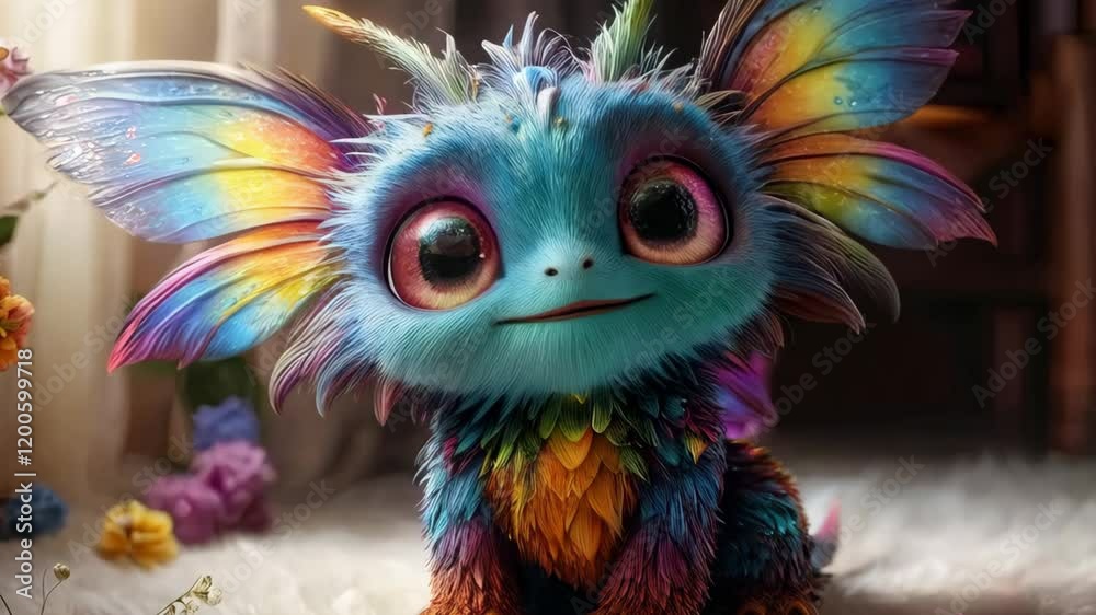Colorful Whimsical Creature with Large Eyes and Vibrant Wings, Exuding Playfulness and Joy in Magical Floral Environment, Surrounded by Bright Feathers and Charm. Colorful Whimsical Creature with Large Eyes and Vibrant Wings, Exuding Playfulness and Joy in Magical Floral Environment, Surrounded by Bright Feathers and Charm.