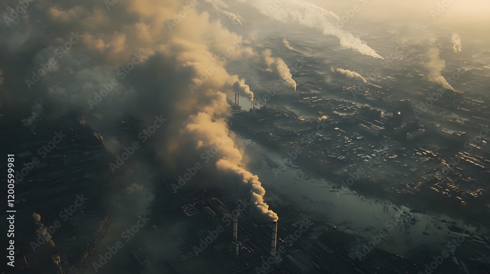 Fototapeta premium Aerial View of Industrial Pollution and Smoke Stacks