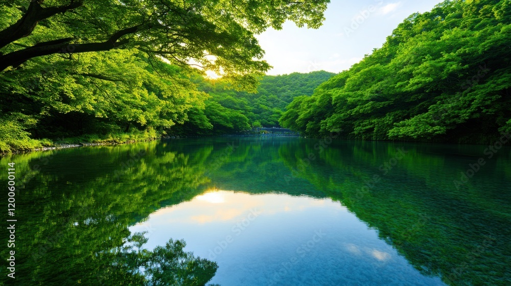 Serene Forest City at Twilight by the Crystal-Clear River Serene Forest City at Twilight by the Crystal-Clear River