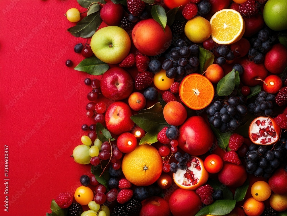 Festive Fruit and Candle Delight on Vibrant Tablecloth