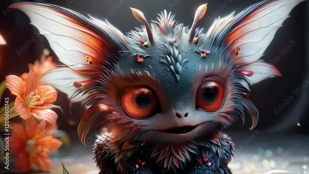 Whimsical and Colorful Fantasy Creature with Large Eyes, Adorable Butterfly Wings, and Furry Charm Surrounded by Enchanting Flowers Whimsical and Colorful Fantasy Creature with Large Eyes, Adorable Butterfly Wings, and Furry Charm Surrounded by Enchanting Flowers