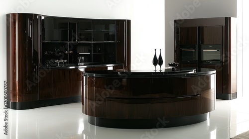 Dark chocolate wood cabinets with black glass accents and a bold black stone island photo