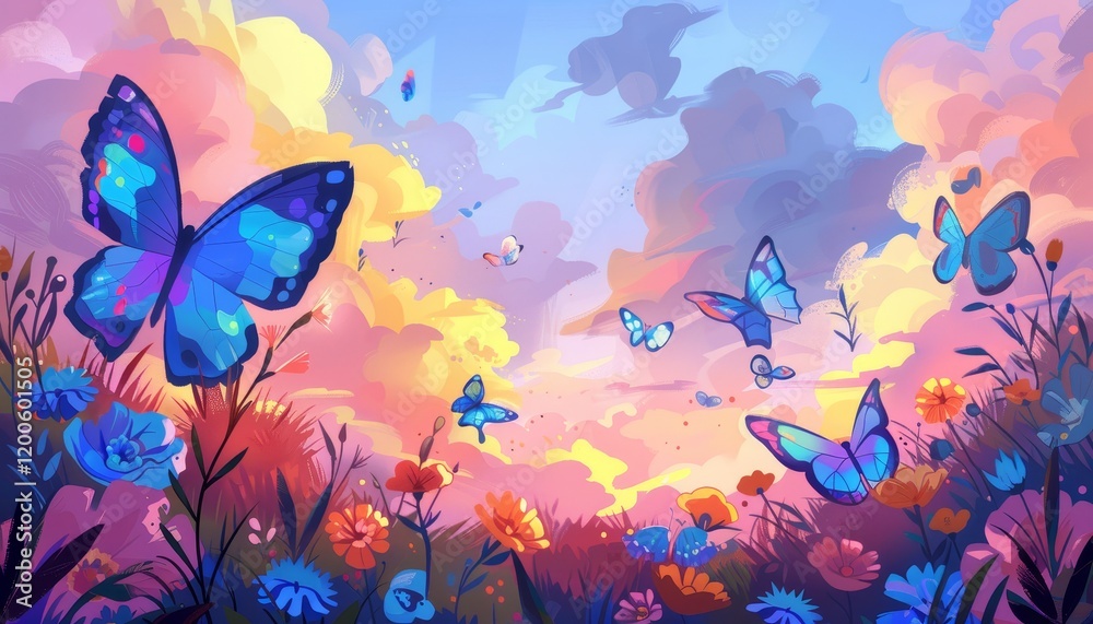 A vibrant illustration of a field of flowers with butterflies flying against a colorful sky. A vibrant illustration of a field of flowers with butterflies flying against a colorful sky.