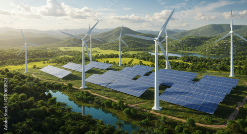 Sustainable Energy Solar Panels Wind Turbines in Green Landscape