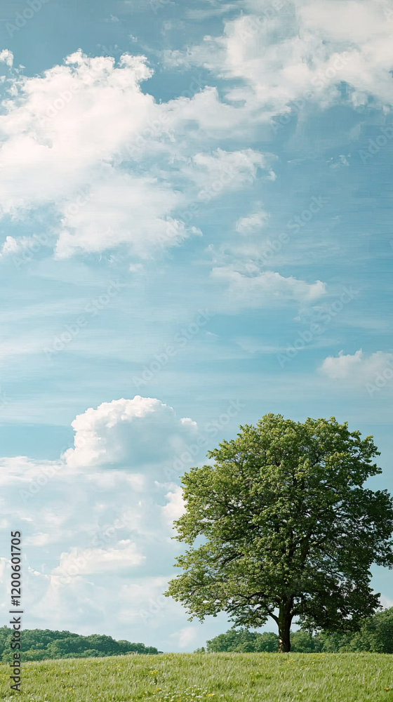 Obraz premium solitary tree stands on grassy hill under blue sky