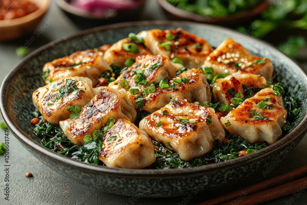 Deliciously Crispy Pan-Fried Dumplings Served on a Bed of Fresh Greens with Garnishes of Green Onions and a Touch of Sesame for an Inviting Presentation Deliciously Crispy Pan-Fried Dumplings Served on a Bed of Fresh Greens with Garnishes of Green Onions and a Touch of Sesame for an Inviting Presentation
