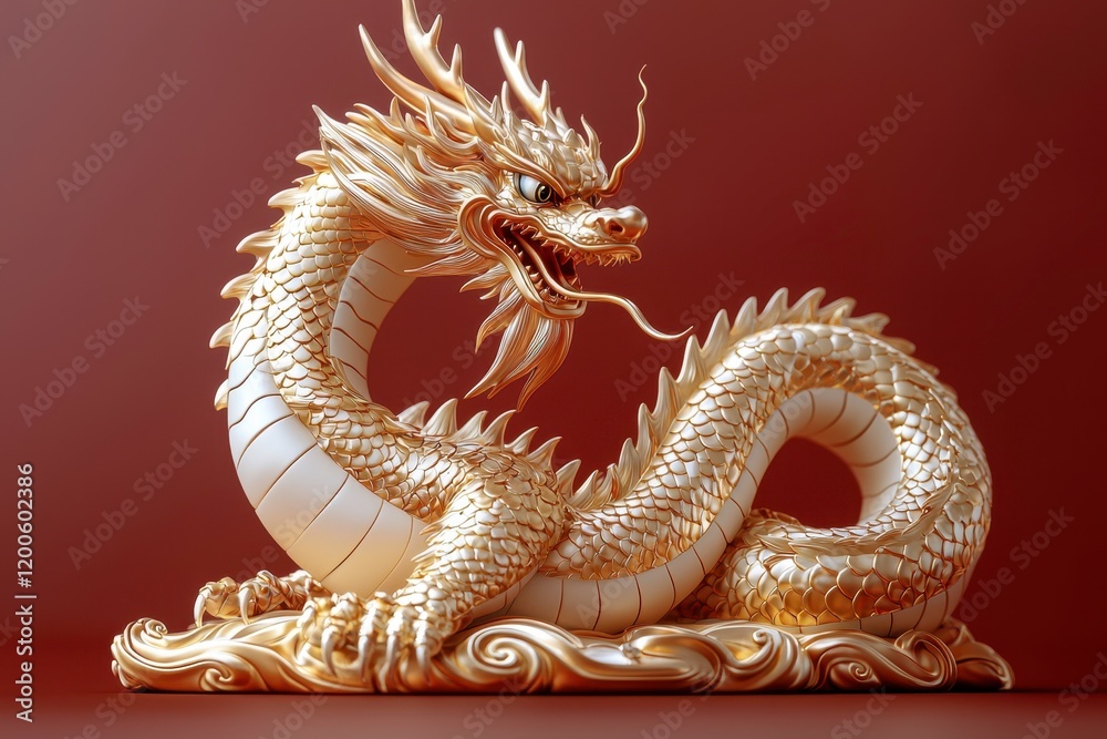 Fototapeta premium Majestic Golden Dragon Sculpture with Intricate Details and Captivating Expression Against Rich Background