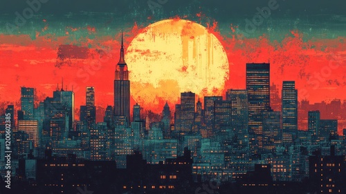 Cityscape sunset, red sky, urban art, poster